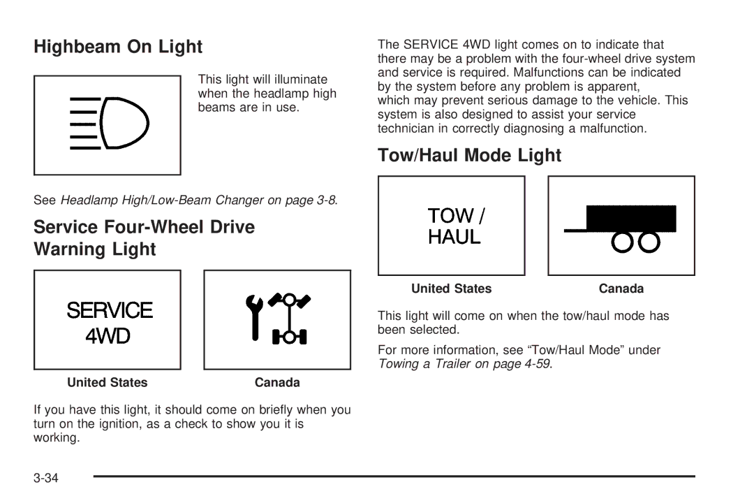 Chevrolet 2005 owner manual Highbeam On Light, Service Four-Wheel Drive, Tow/Haul Mode Light 