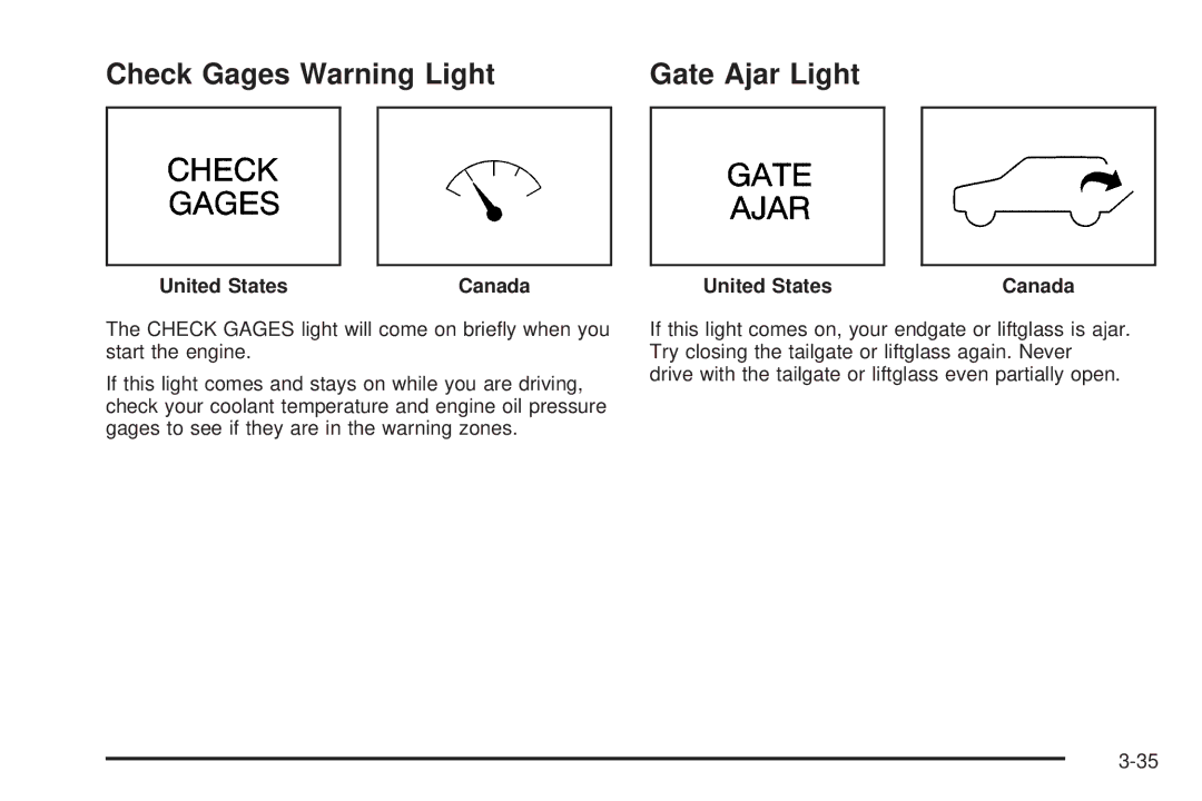 Chevrolet 2005 owner manual Check Gages Warning Light Gate Ajar Light 