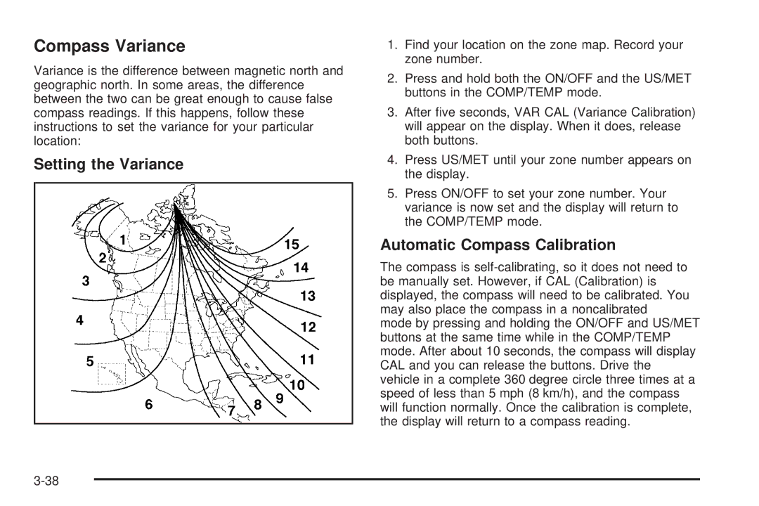 Chevrolet 2005 owner manual Compass Variance, Setting the Variance, Automatic Compass Calibration 