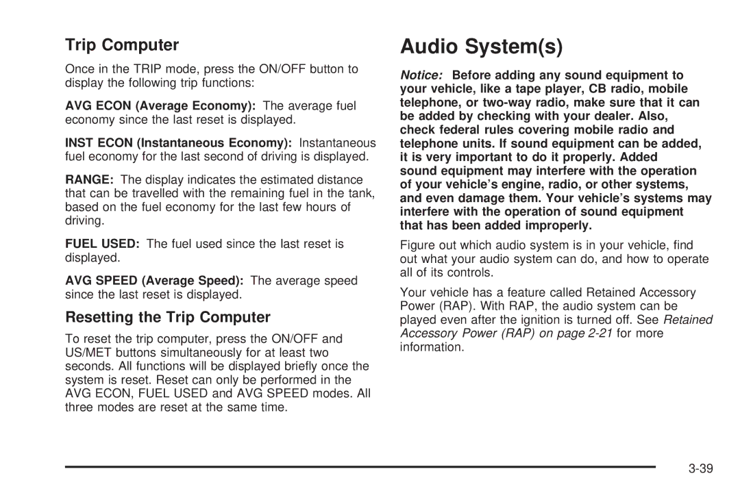 Chevrolet 2005 owner manual Audio Systems, Resetting the Trip Computer 