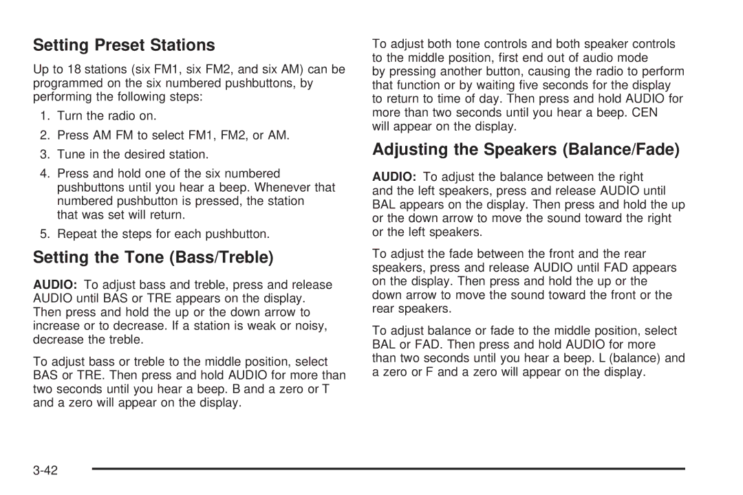 Chevrolet 2005 owner manual Setting Preset Stations, Setting the Tone Bass/Treble, Adjusting the Speakers Balance/Fade 