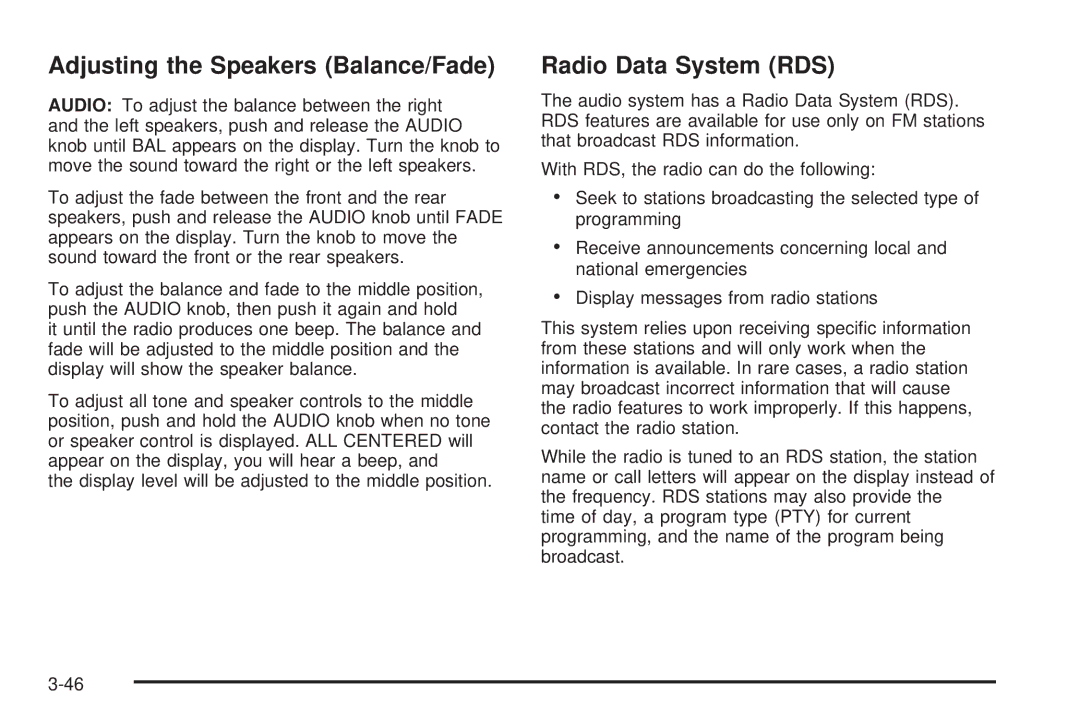 Chevrolet 2005 owner manual Adjusting the Speakers Balance/Fade, Radio Data System RDS 