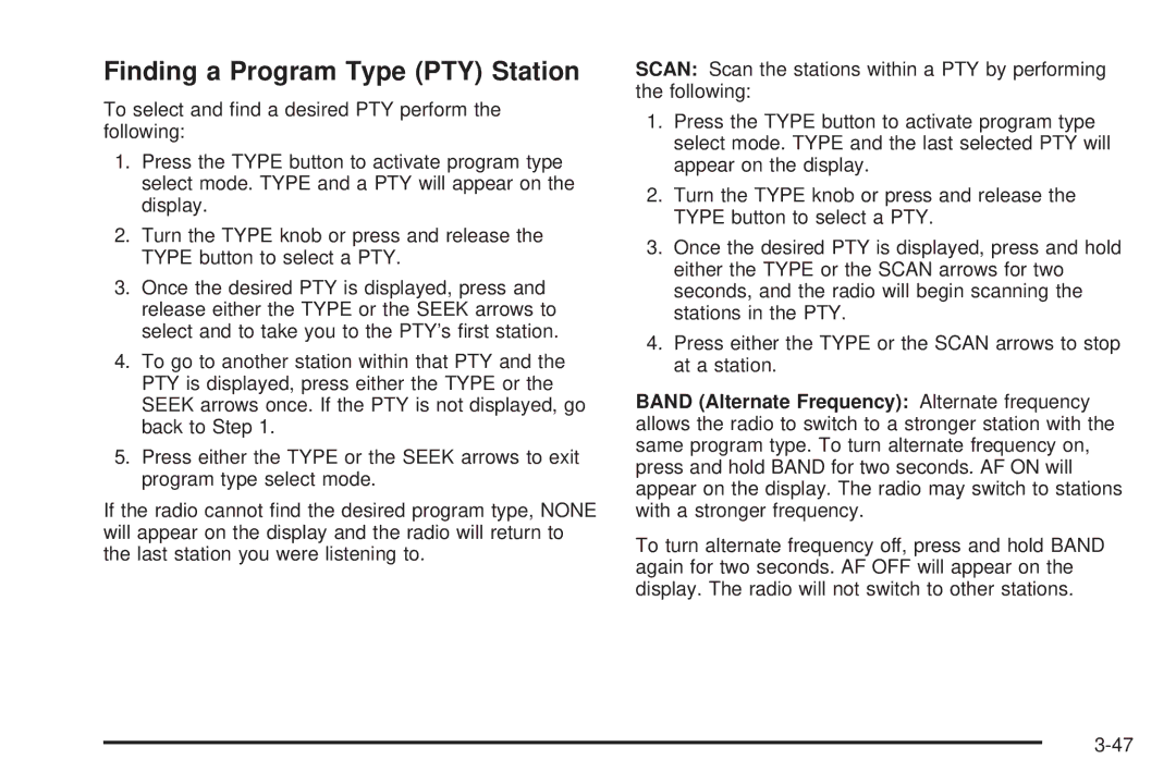 Chevrolet 2005 owner manual Finding a Program Type PTY Station 