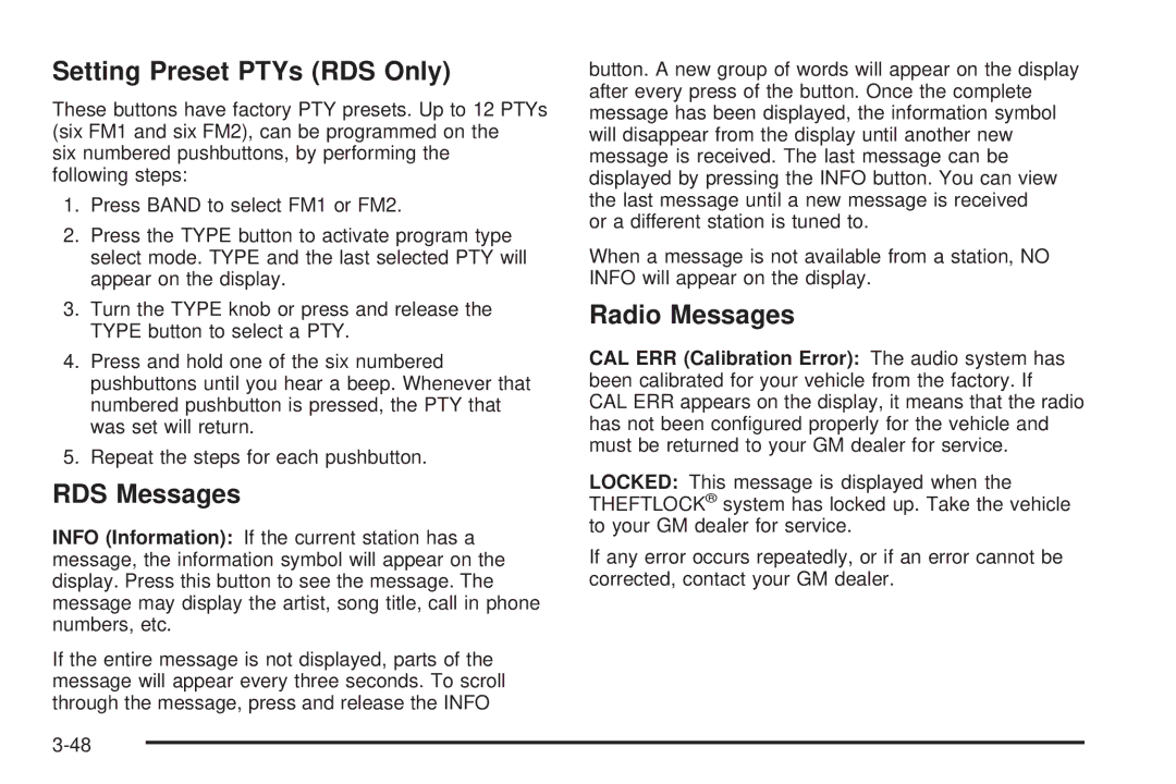 Chevrolet 2005 owner manual Setting Preset PTYs RDS Only, RDS Messages 