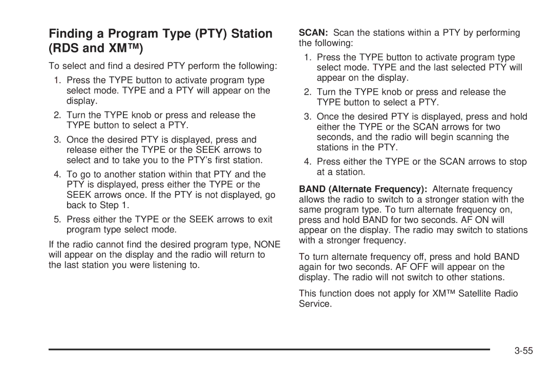 Chevrolet 2005 owner manual Finding a Program Type PTY Station RDS and XM 