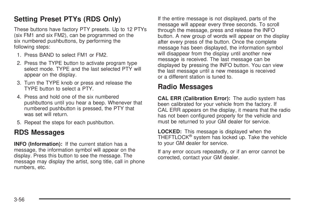 Chevrolet 2005 owner manual Setting Preset PTYs RDS Only 