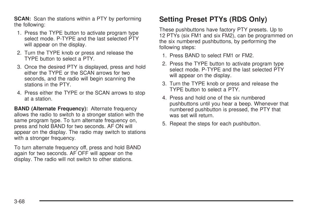 Chevrolet 2005 owner manual Setting Preset PTYs RDS Only 