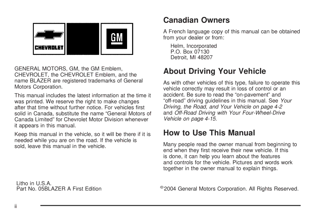 Chevrolet 2005 owner manual Canadian Owners, About Driving Your Vehicle, How to Use This Manual 