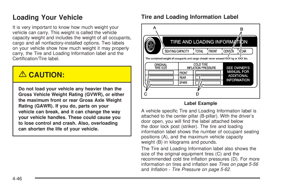 Chevrolet 2005 owner manual Loading Your Vehicle, Tire and Loading Information Label, Label Example 