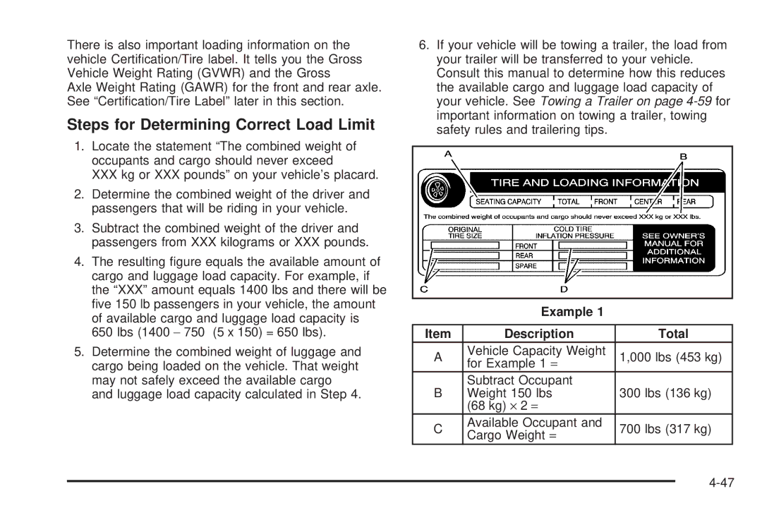 Chevrolet 2005 owner manual Steps for Determining Correct Load Limit, Example Description Total 