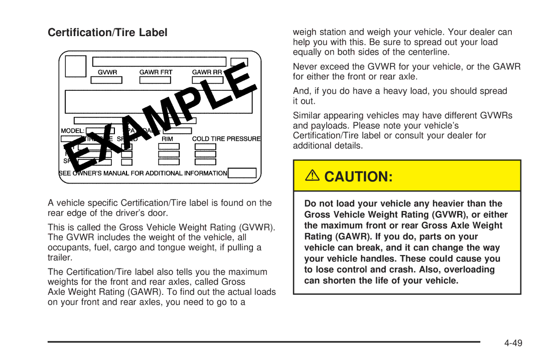 Chevrolet 2005 owner manual Certiﬁcation/Tire Label 