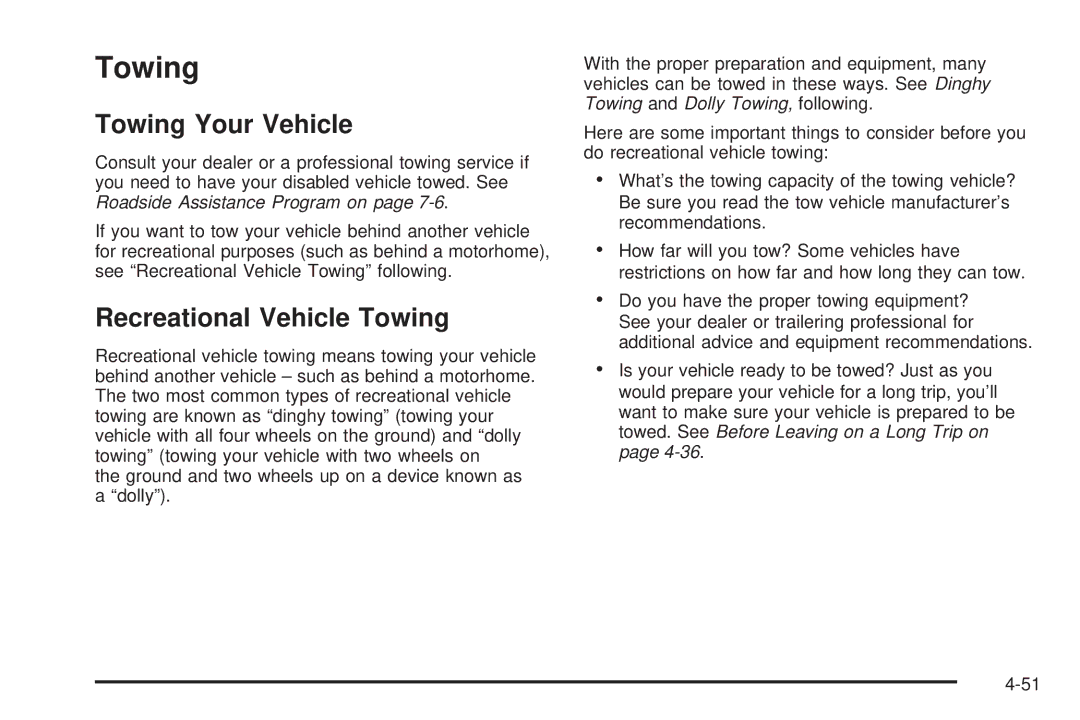 Chevrolet 2005 owner manual Towing Your Vehicle, Recreational Vehicle Towing 