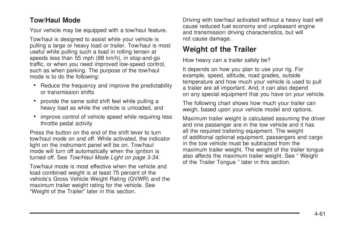 Chevrolet 2005 owner manual Weight of the Trailer, Tow/Haul Mode 