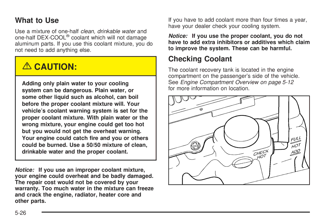 Chevrolet 2005 owner manual What to Use, Checking Coolant 