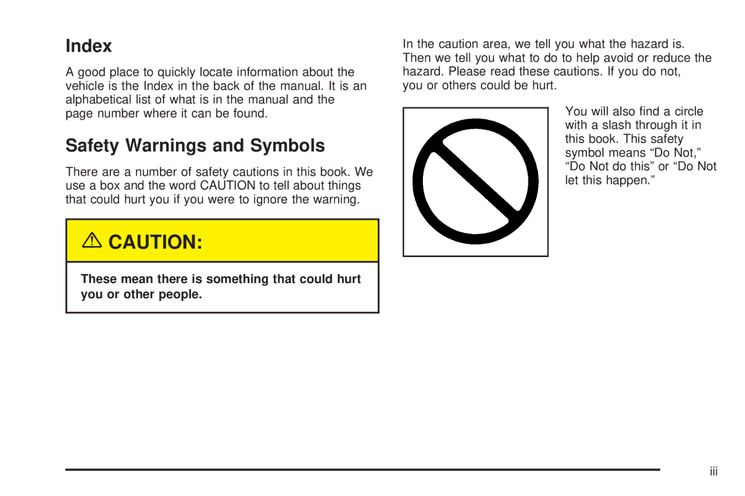 Chevrolet 2005 owner manual Index, Safety Warnings and Symbols 