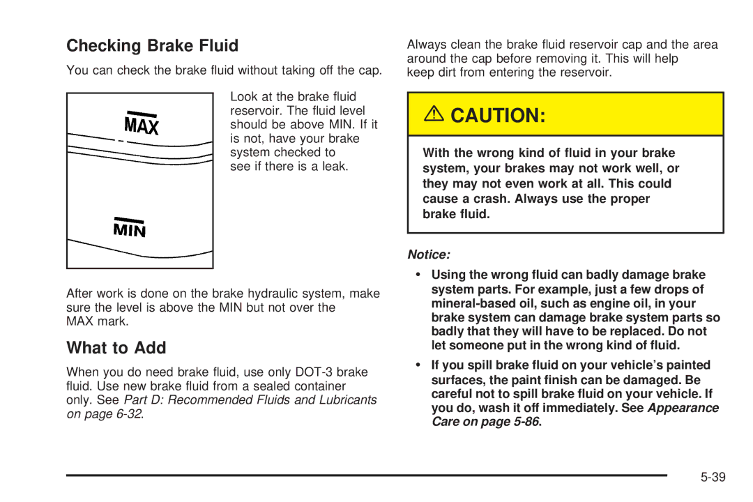 Chevrolet 2005 owner manual Checking Brake Fluid, What to Add 