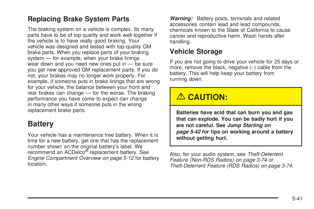 Chevrolet 2005 owner manual Battery, Replacing Brake System Parts, Vehicle Storage 