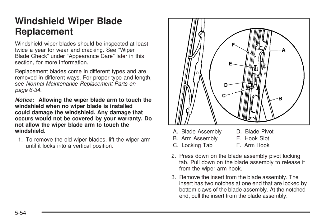 Chevrolet 2005 owner manual Windshield Wiper Blade Replacement 