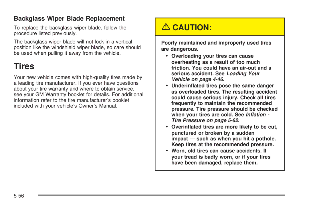 Chevrolet 2005 owner manual Tires, Backglass Wiper Blade Replacement 