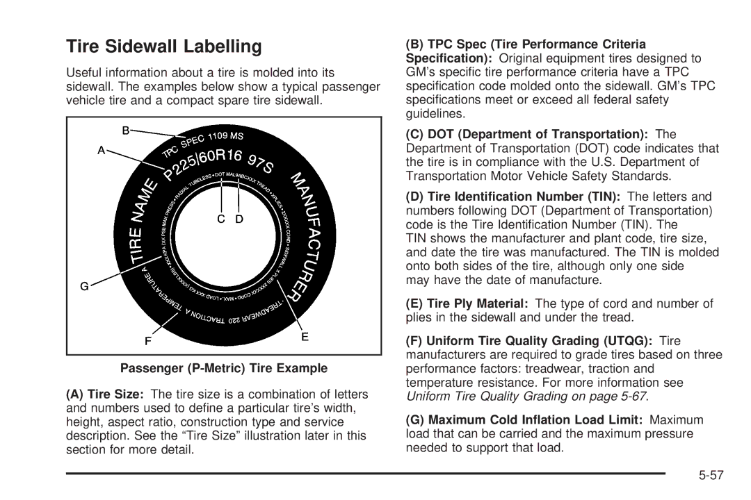 Chevrolet 2005 owner manual Tire Sidewall Labelling, Passenger P-Metric Tire Example 