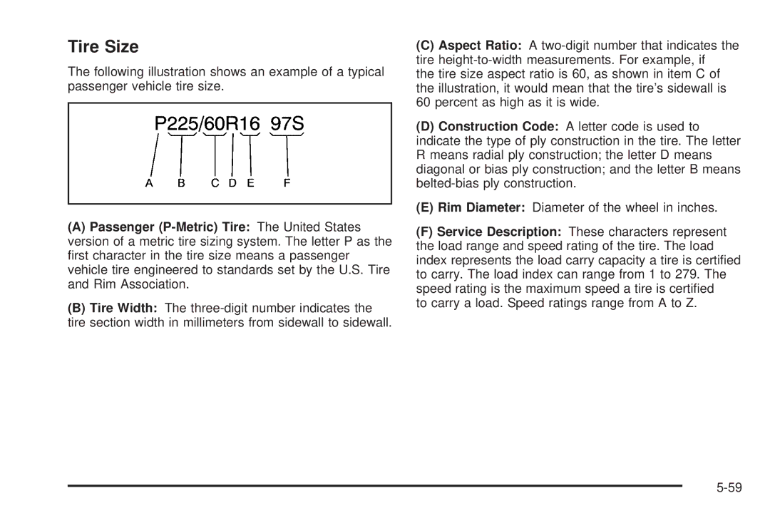 Chevrolet 2005 owner manual Tire Size 