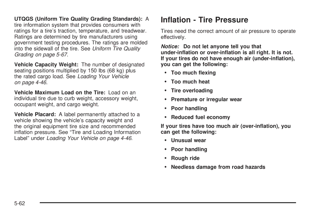 Chevrolet 2005 owner manual Inﬂation Tire Pressure, Utqgs Uniform Tire Quality Grading Standards a 