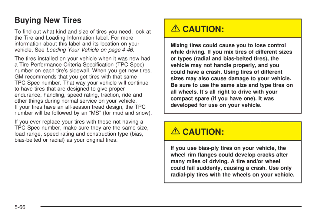 Chevrolet 2005 owner manual Buying New Tires 