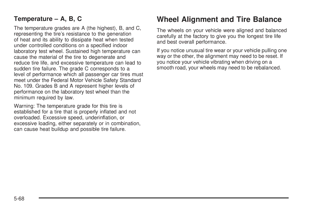 Chevrolet 2005 owner manual Wheel Alignment and Tire Balance, Temperature A, B, C 