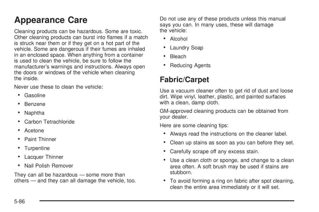 Chevrolet 2005 owner manual Appearance Care, Fabric/Carpet 