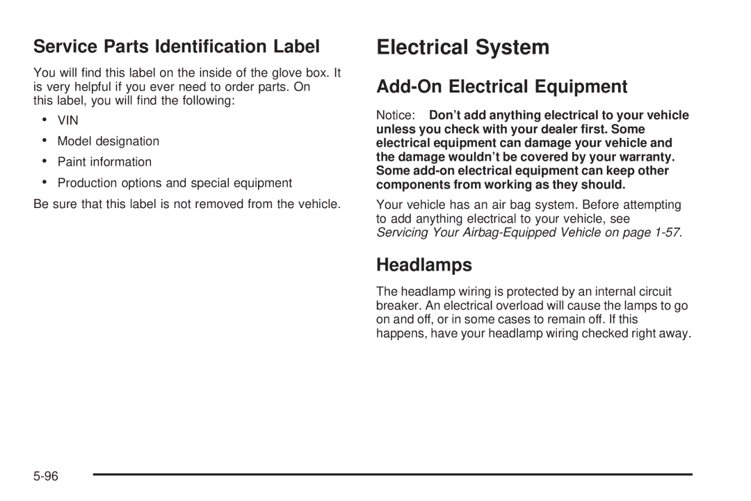 Chevrolet 2005 owner manual Electrical System, Service Parts Identiﬁcation Label, Add-On Electrical Equipment 