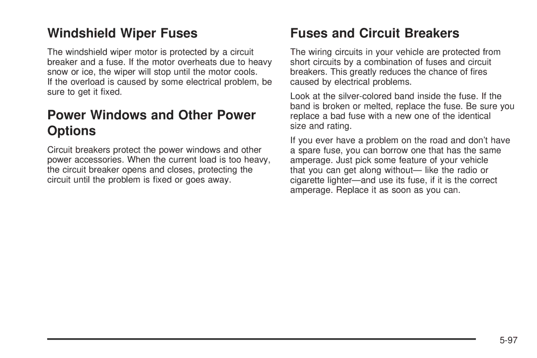 Chevrolet 2005 owner manual Windshield Wiper Fuses, Power Windows and Other Power Options, Fuses and Circuit Breakers 