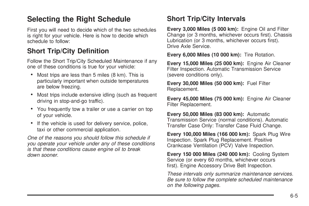 Chevrolet 2005 owner manual Selecting the Right Schedule, Short Trip/City Deﬁnition, Short Trip/City Intervals 