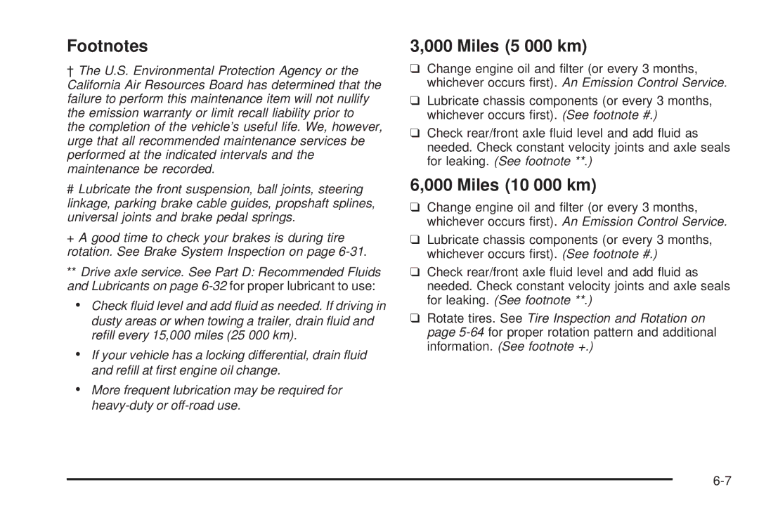 Chevrolet 2005 owner manual Footnotes, Miles 5 000 km, Miles 10 000 km 