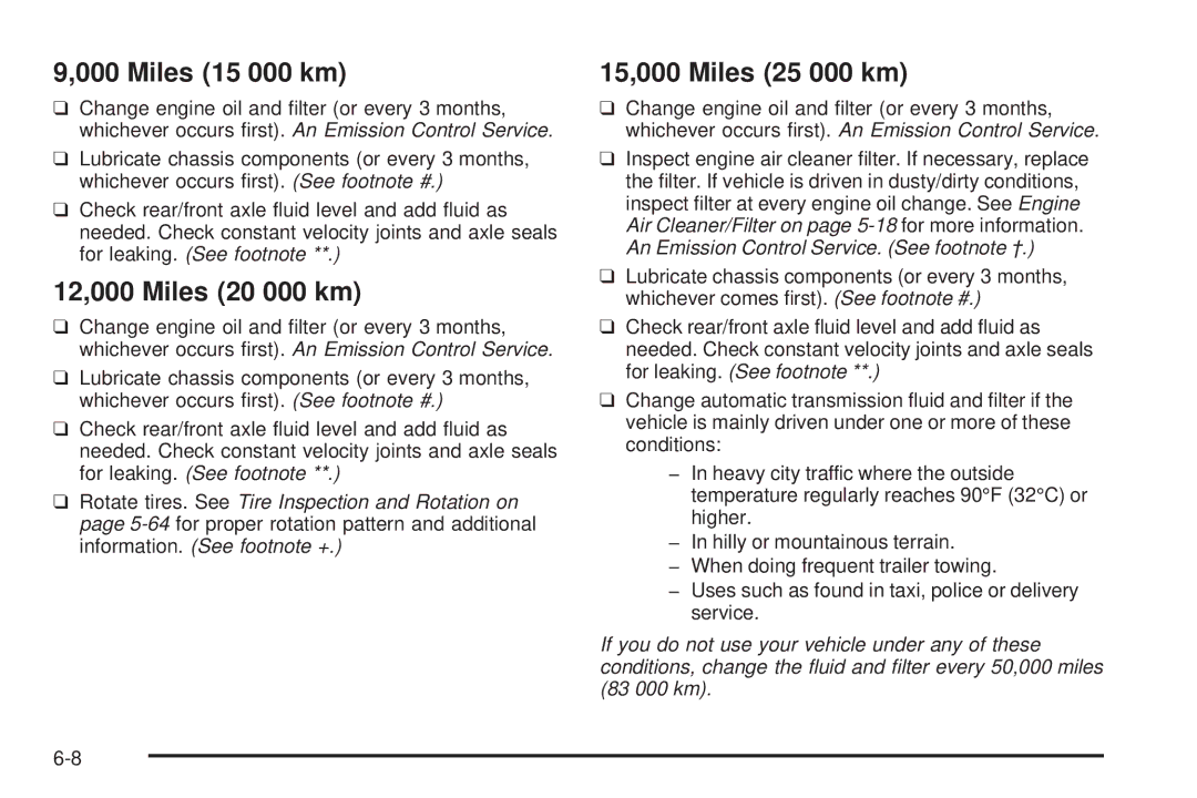 Chevrolet 2005 owner manual Miles 15 000 km, 12,000 Miles 20 000 km, 15,000 Miles 25 000 km 
