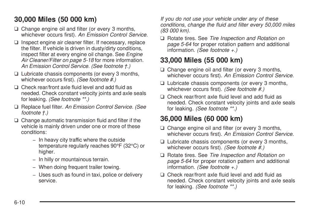 Chevrolet 2005 owner manual 30,000 Miles 50 000 km, 33,000 Miles 55 000 km, 36,000 Miles 60 000 km 