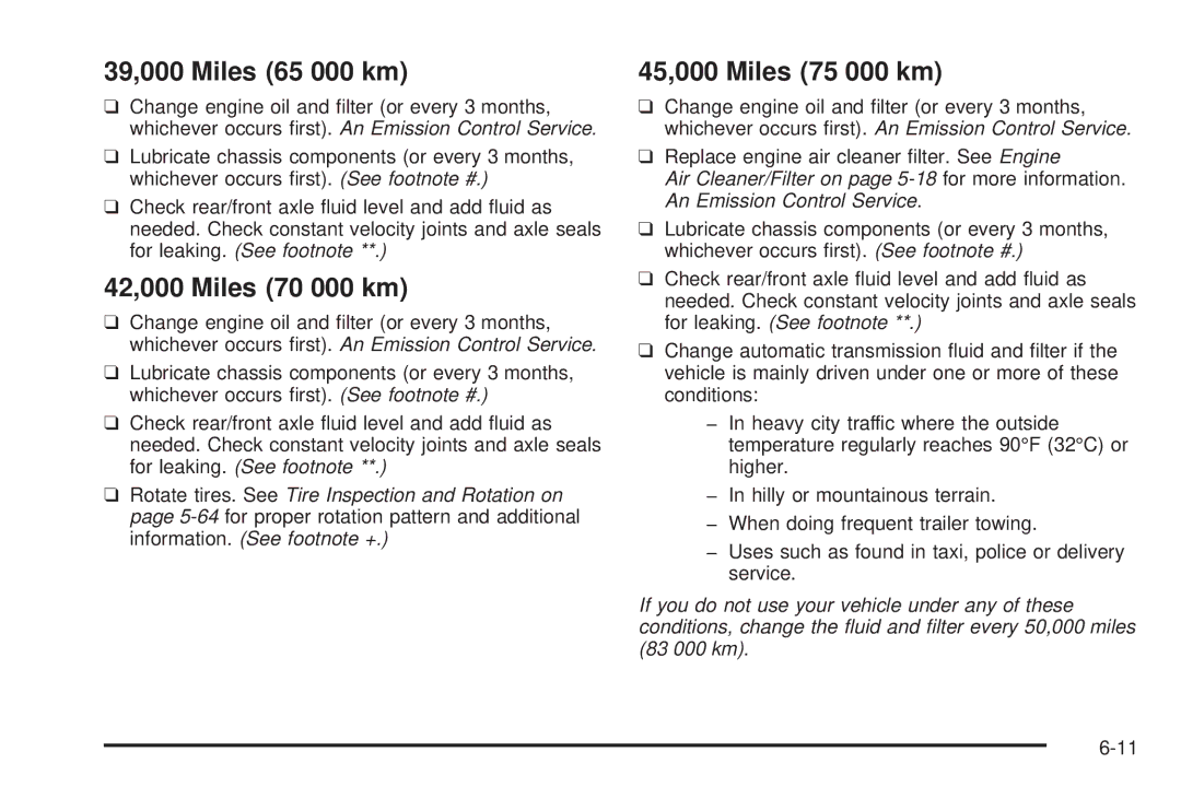 Chevrolet 2005 owner manual 39,000 Miles 65 000 km, 42,000 Miles 70 000 km, 45,000 Miles 75 000 km 