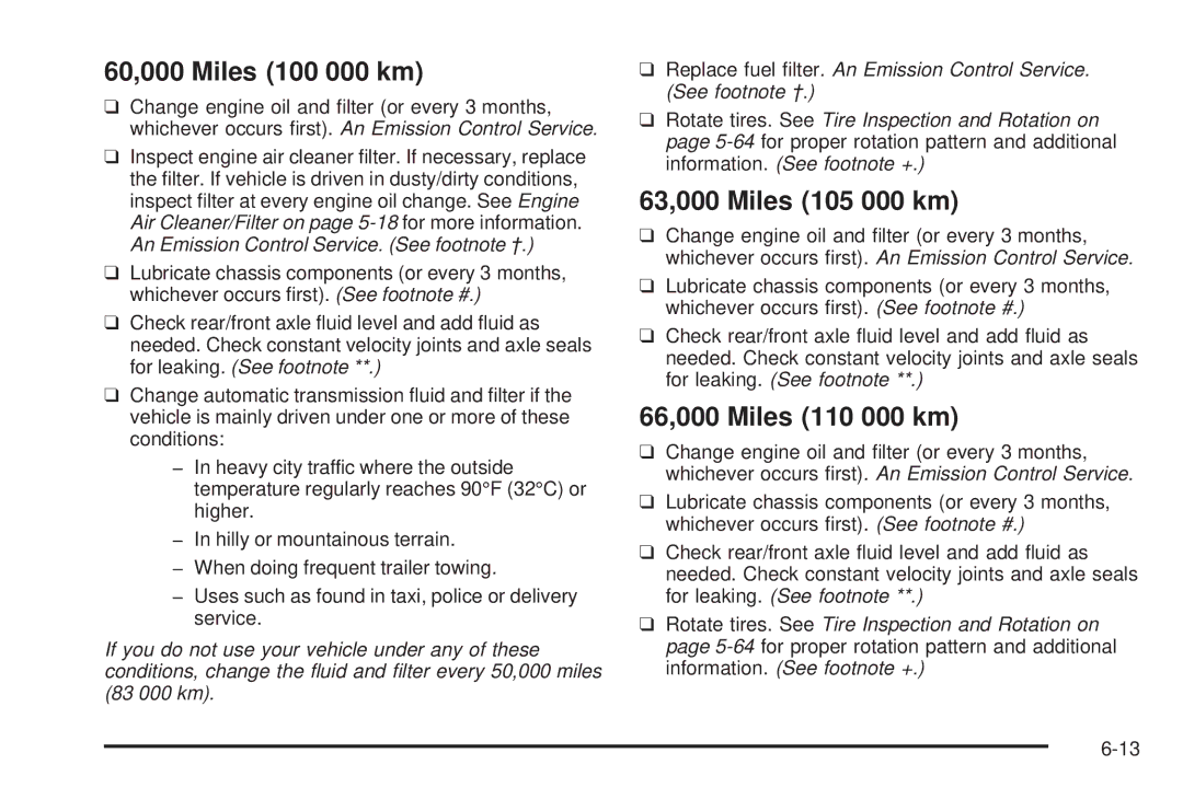 Chevrolet 2005 owner manual 60,000 Miles 100 000 km, 63,000 Miles 105 000 km, 66,000 Miles 110 000 km 