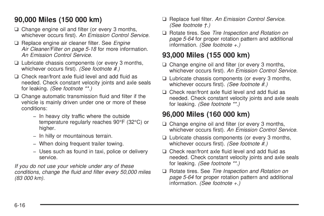 Chevrolet 2005 owner manual 90,000 Miles 150 000 km, 93,000 Miles 155 000 km, 96,000 Miles 160 000 km 