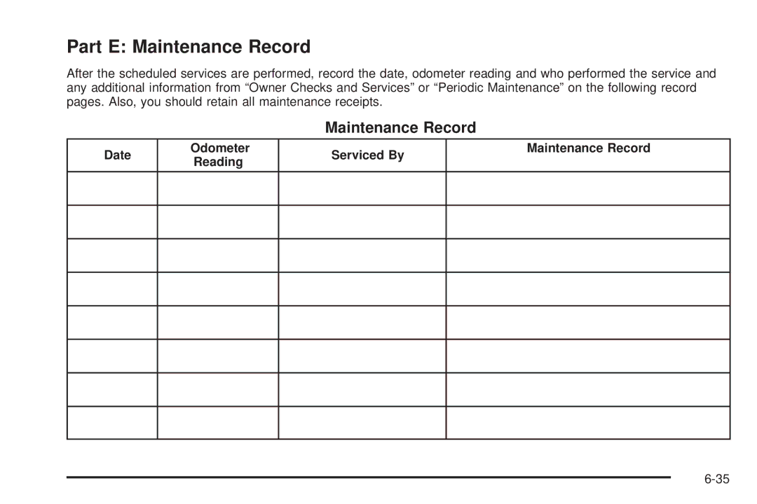 Chevrolet 2005 owner manual Part E Maintenance Record, Date Odometer Reading Serviced By Maintenance Record 