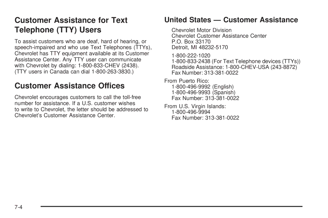 Chevrolet 2005 owner manual Customer Assistance for Text Telephone TTY Users, Customer Assistance Offices 