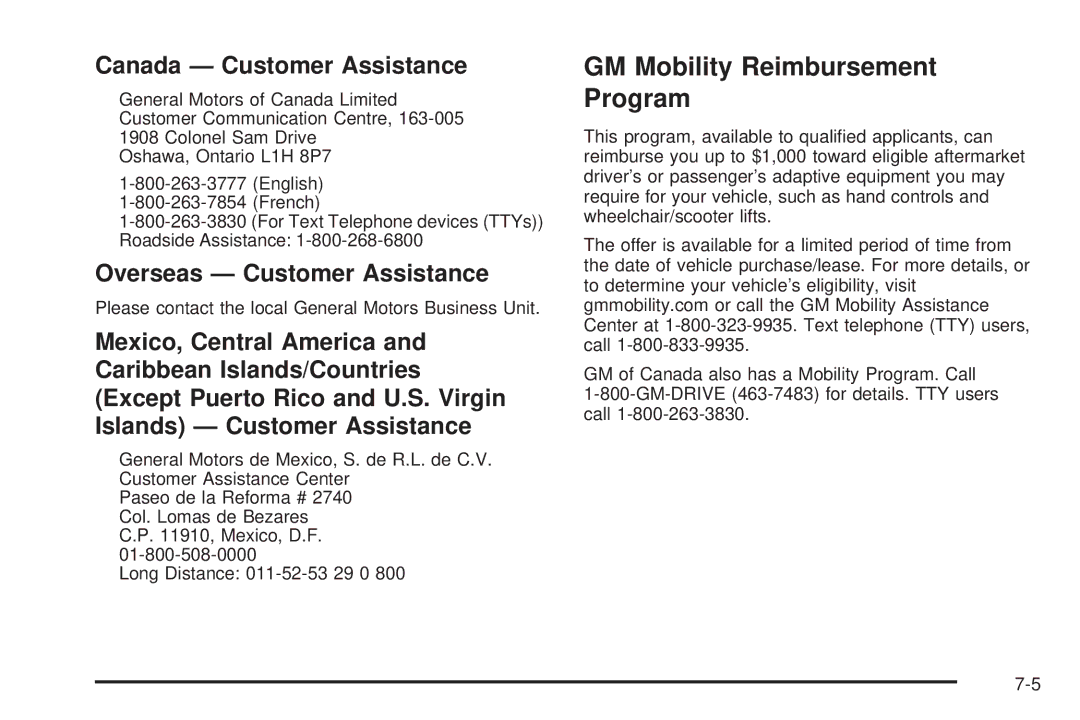 Chevrolet 2005 owner manual GM Mobility Reimbursement Program, Canada Customer Assistance, Overseas Customer Assistance 