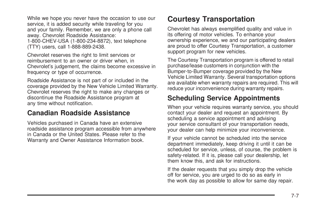 Chevrolet 2005 owner manual Courtesy Transportation, Canadian Roadside Assistance, Scheduling Service Appointments 