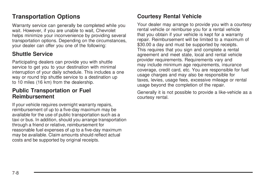 Chevrolet 2005 owner manual Transportation Options, Shuttle Service, Public Transportation or Fuel Reimbursement 