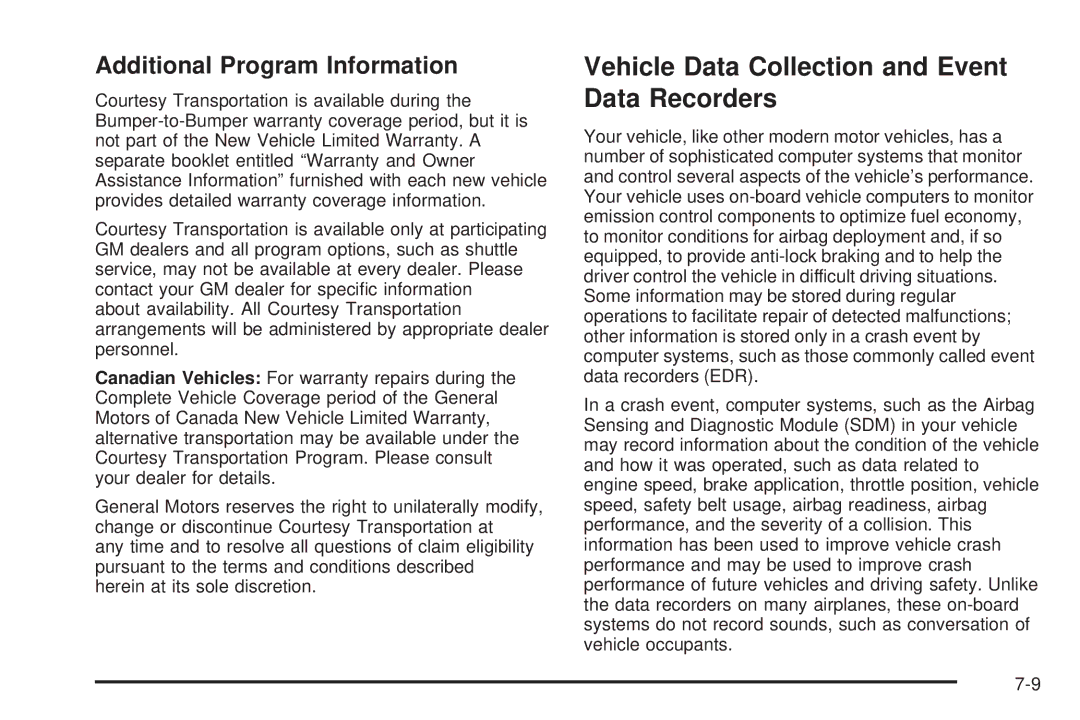 Chevrolet 2005 owner manual Vehicle Data Collection and Event Data Recorders, Additional Program Information 