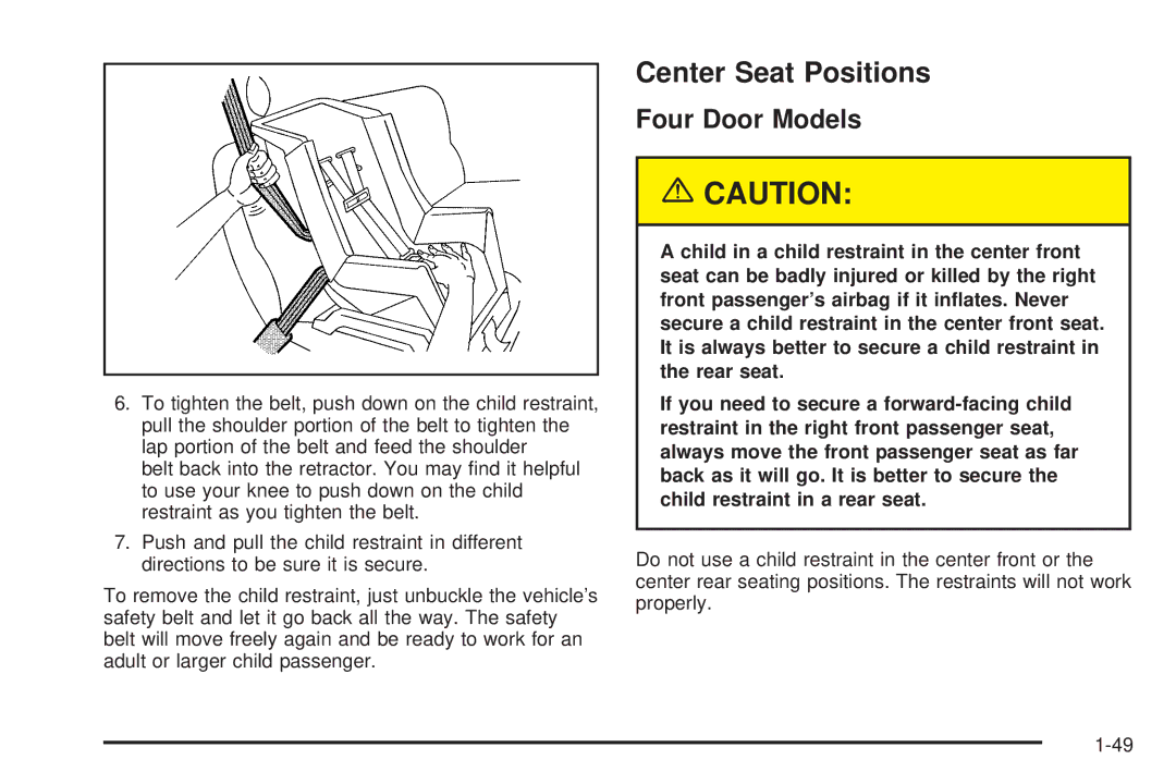 Chevrolet 2005 owner manual Center Seat Positions, Four Door Models 