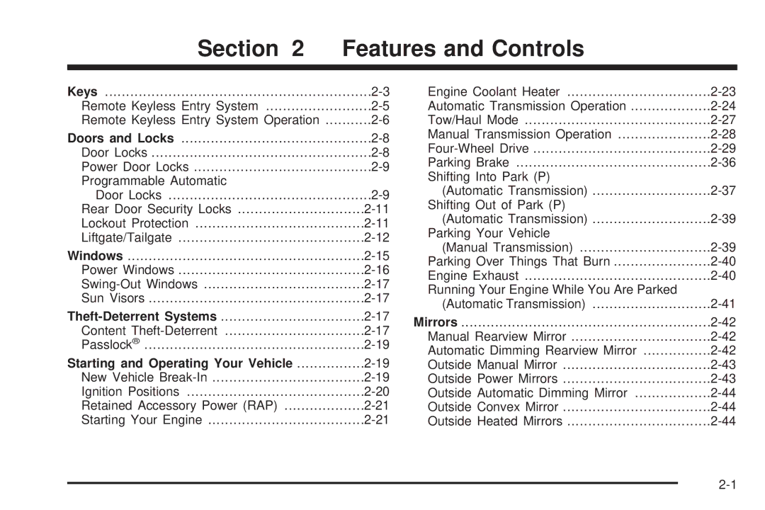 Chevrolet 2005 owner manual Features and Controls, Starting and Operating Your Vehicle 