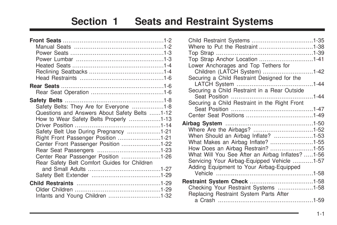 Chevrolet 2005 owner manual Seats and Restraint Systems 