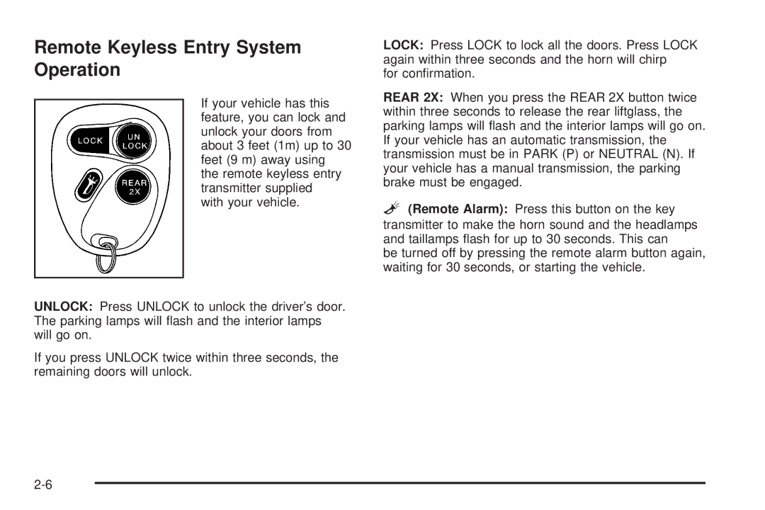 Chevrolet 2005 owner manual Remote Keyless Entry System Operation 