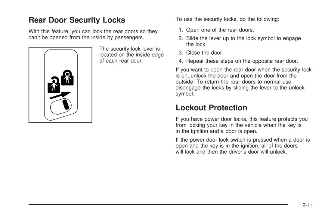 Chevrolet 2005 owner manual Rear Door Security Locks, Lockout Protection 