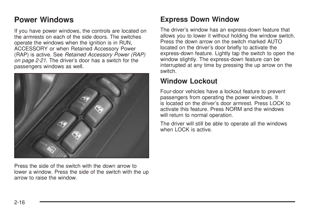 Chevrolet 2005 owner manual Power Windows, Express Down Window, Window Lockout 